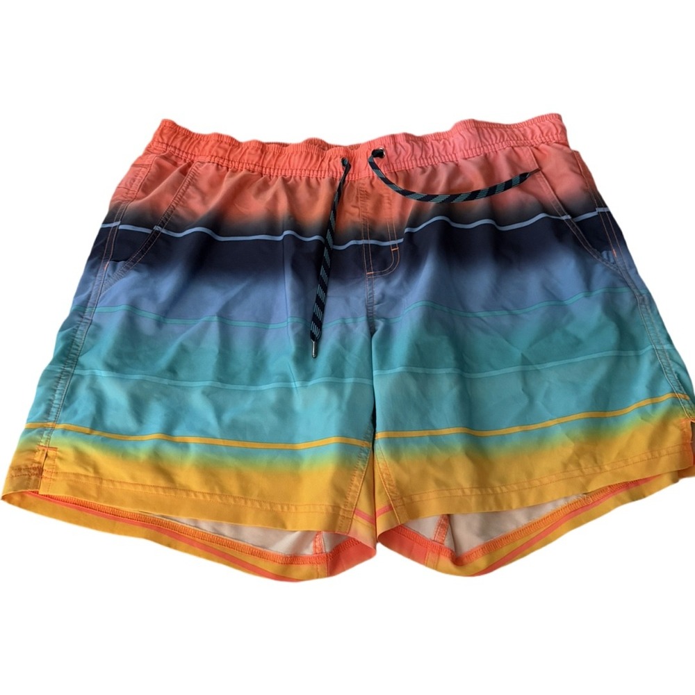 George Men's XL Swim Trunks Coral Blue Tropical Stripe Lined Board Shorts 40-42